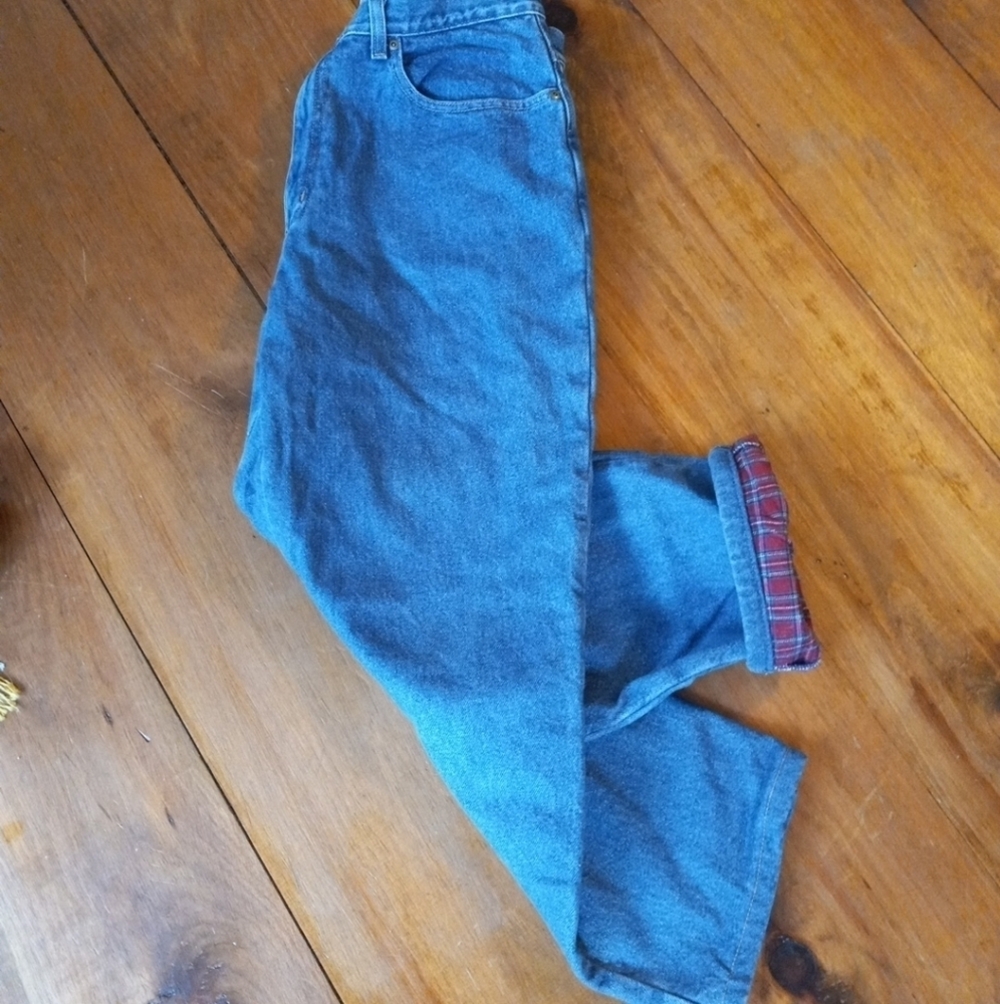 LL Bean Flannel Lined Jeans Womens Size 14 R Relaxed Fit Blue Denim 5 Po…
